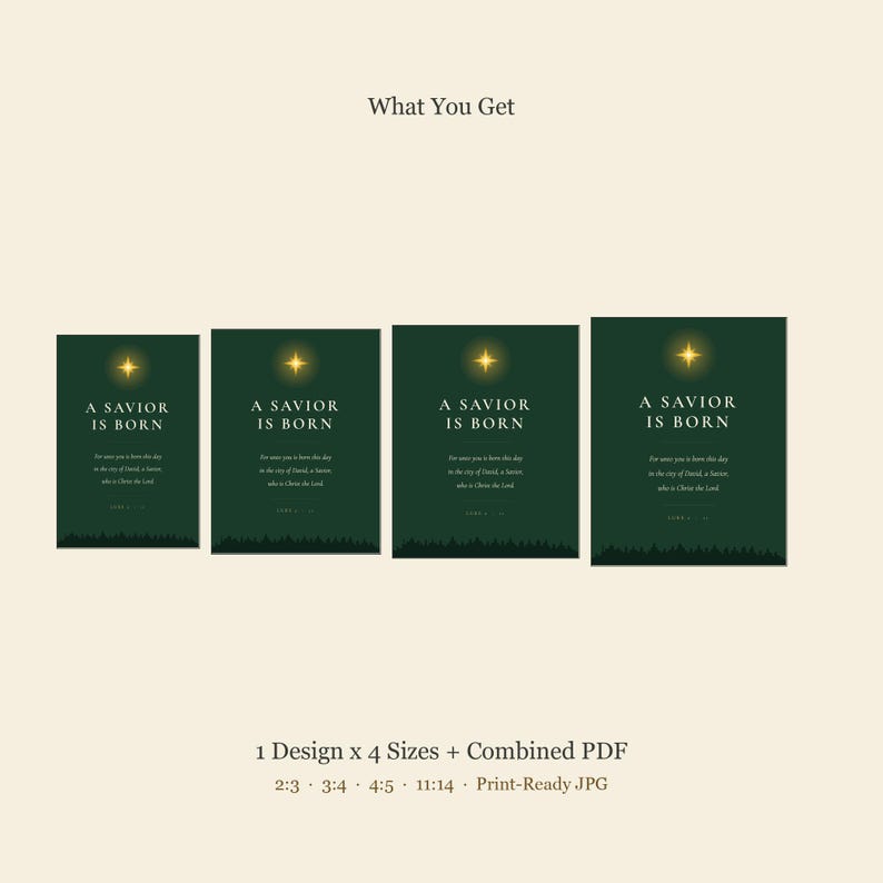 Four Silent Night Christmas print size formats arranged flat side by side on a cream background to show the included 2:3, 3:4, 4:5, and 11:14 ratios. Each deep forest green minimalist holiday print has cream serif text, a gold star, the hymn's first verse, and a Traditional Christmas Hymn footer for flexible Christian Christmas decor.