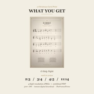 What you get: the O Holy Night vintage hymn print in 4 sizes — 2:3 ratio (4x6 to 24x36 inches), 3:4 ratio (6x8 to 18x24), 4:5 ratio (4x5 to 16x20), and 11:14 ratio, plus a combined PDF. One single classical Christmas hymn sheet music print, instant digital download from TheFramedVerse on Etsy, vintage hymnal style.