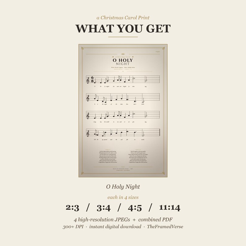 What you get: the O Holy Night vintage hymn print in 4 sizes — 2:3 ratio (4x6 to 24x36 inches), 3:4 ratio (6x8 to 18x24), 4:5 ratio (4x5 to 16x20), and 11:14 ratio, plus a combined PDF. One single classical Christmas hymn sheet music print, instant digital download from TheFramedVerse on Etsy, vintage hymnal style.