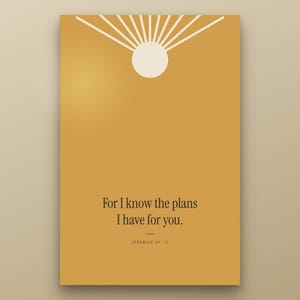 Close-up of trendy christian maximalist scripture wall art Jeremiah 29:11 For I know the plans I have for you print. Mustard gold retro sun rays shape with modern bible verse typography on warm paper. Part of colorful 9-print gallery wall set, aesthe