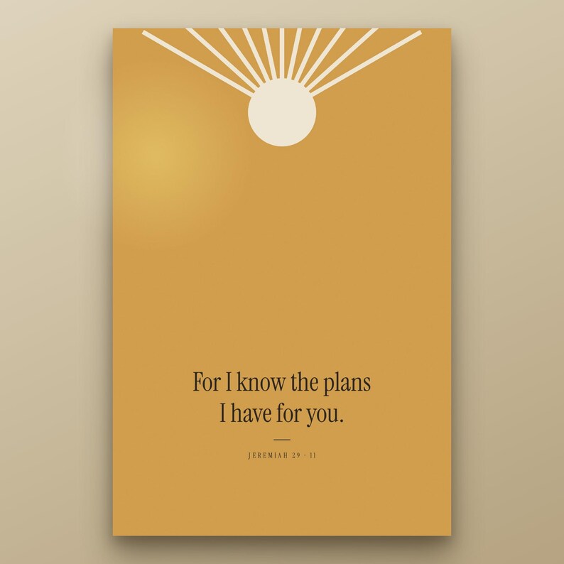 Close-up of trendy christian maximalist scripture wall art Jeremiah 29:11 For I know the plans I have for you print. Mustard gold retro sun rays shape with modern bible verse typography on warm paper. Part of colorful 9-print gallery wall set, aesthe