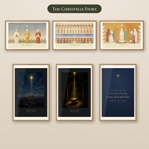 The Christmas Story collection shown as six framed printable designs in a two row gallery. The set includes Star of Bethlehem Night, Star Over the Manger, Wise Men Follow the Star, Shepherds and Angels, The Nativity and O Come Adore Him Midnight, combining painted Biblical scenes, luminous stars, cream accents and deep midnight blue.