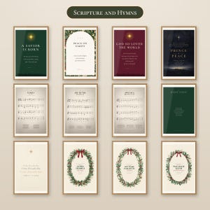Scripture and Hymns gallery showing 12 Christian Christmas printable designs in natural wood frames. Bible verse art in forest green, burgundy and midnight blue is paired with classic cream hymn sheet music and watercolor evergreen wreath prints, including A Savior Is Born, Prince of Peace, O Holy Night, Joy to the World and Silent Night.