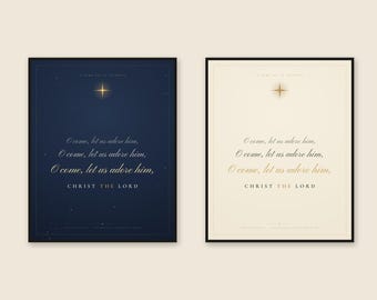 O kommt, lasst uns ihn anbeten: Christliche Weihnachtswandkunst, Hymnendruck, Stern von Bethlehem, immergrüne und cremefarbene Weihnachtsdekoration