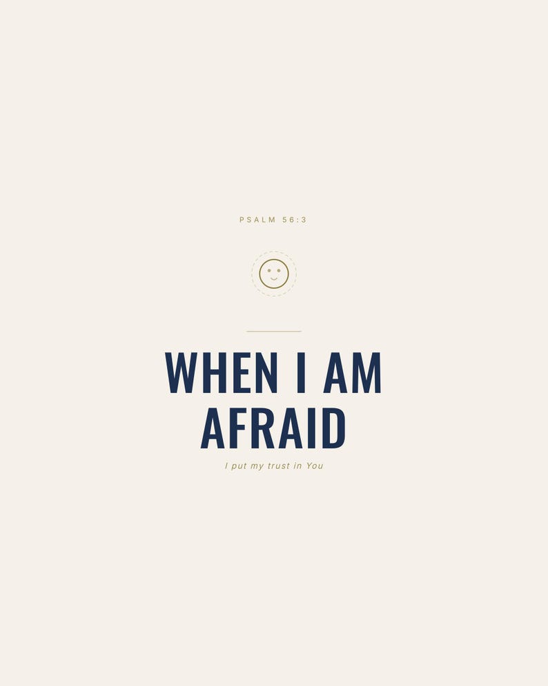 When I Am Afraid I Put My Trust in You Psalm 56:3 Wall Art Christian Boys Room P — hero framed product shot with glass reflection and premium frame. This elegant christian scripture wall art print features beautiful serif typography on warm cream background. Psalm 56:3 bible verse digital download printable for home office bedroom living room gallery wall decor. Perfect christian gift idea from...