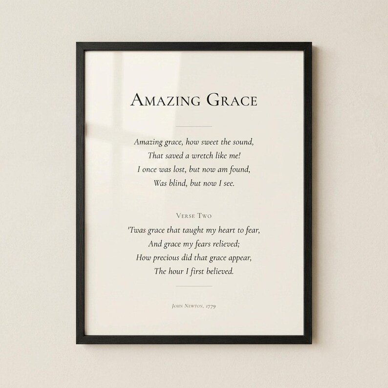 Custom Christian Hymn Art in clean black frame on warm cream wall - hero product photo of Amazing Grace. Custom Christian Hymn Art Print, personalized hymn lyrics wall art, modern Christian wall art digital download, scripture print, pastor appreciation gift, Bible verse art, customized Christian artwork, printable hymn poster