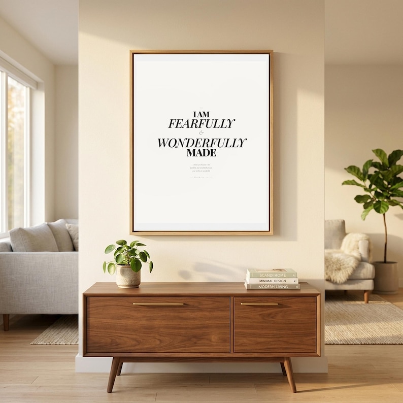 Christian Wall Art Set of 9 Bible Verse Prints Modern Scripture Gallery Decor Printable Download — additional mockup view showing the print in an alternative room setting with modern interior design elements This minimalist modern, gallery wall set christian wall art features beautiful typography as a printable bible verse decor piece. Digital download from TheFramedVerse on Etsy, perfect as ch...