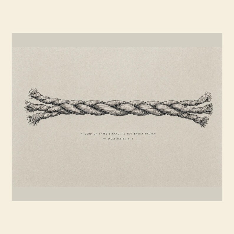 A Cord of Three Strands Scripture print in landscape orientation, featuring the words from Ecclesiastes 4:12 as the anchor artwork in this Christian wedding set. The marriage Bible verse design represents two lives joined with God and works as meaningful wall art for a wedding, anniversary, couple's bedroom, living room, or faith-centered gallery wall.
