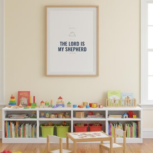 The Lord Is My Shepherd Psalm 23:1 Wall Art Christian Boys Room Print Scripture  — close-up detail of typography and paper texture. This elegant christian scripture wall art print features beautiful serif typography on warm cream background. Psalm 23:1 bible verse digital download printable for home office bedroom living room gallery wall decor. Perfect christian gift idea from TheFramedVerse o...