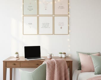 Christian Dorm Room Wall Art Bundle | Sage Coquette Bible Verse Set of 9 | Aesthetic Scripture Print