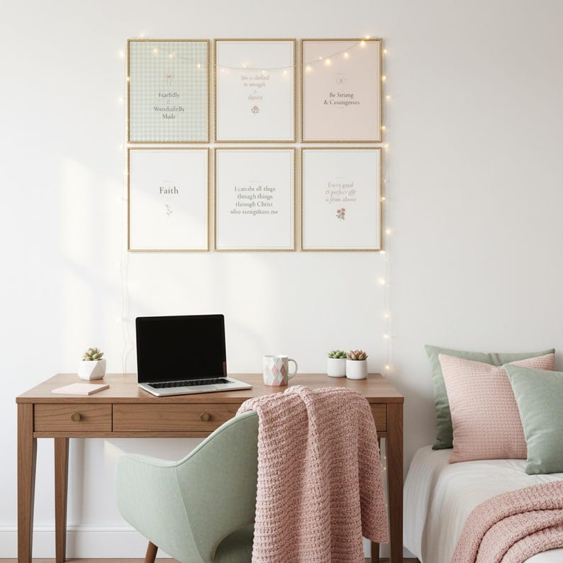 Christian dorm room wall art bundle — sage coquette bible verse set of 9 prints displayed in college dorm room gallery wall with string lights and sage green aesthetic decor, trendy christian art aesthetic scripture prints, instant digital download from TheFramedVerse, apartment wall art coquette room decor