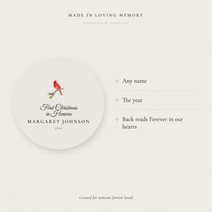 Personalization guide for the First Christmas in Heaven ornament, with the round cardinal design shown beside three clear details. Buyers can add any loved one's name and the year, while the back always reads Forever in our hearts. The example uses Margaret Johnson and 2026 so each customized part of the physical acrylic keepsake is easy to understand.