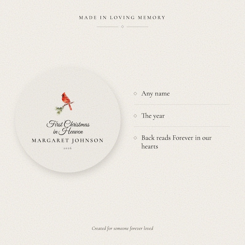 Personalization guide for the First Christmas in Heaven ornament, with the round cardinal design shown beside three clear details. Buyers can add any loved one's name and the year, while the back always reads Forever in our hearts. The example uses Margaret Johnson and 2026 so each customized part of the physical acrylic keepsake is easy to understand.