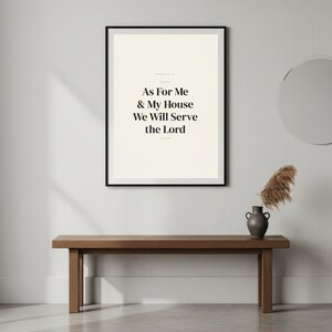 As For Me and My House We Will Serve the Lord Joshua 24:15 Wall Art Christian Fa — shelf mockup leaning on wood shelf with decorative items. This Fathers Day christian scripture wall art print features beautiful serif typography on warm cream background. Joshua 24:15 bible verse digital download printable for home office bedroom living room gallery wall decor. Perfect christian gift idea from T...