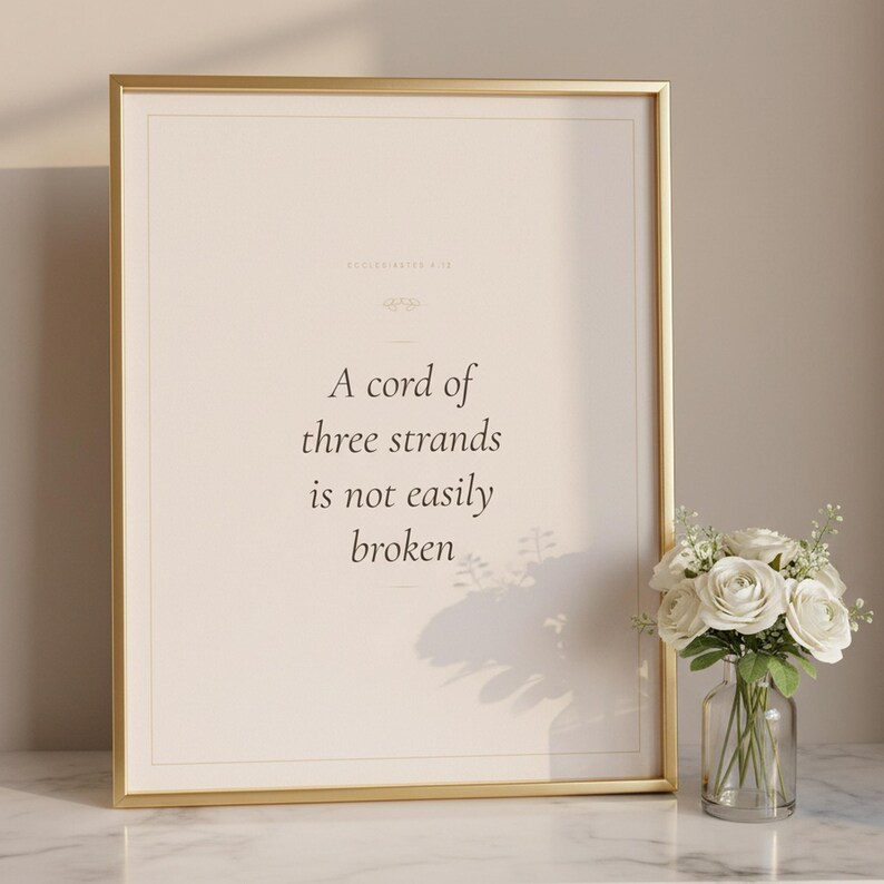 Christian Wedding Wall Art Set of 3 Bible Verse Prints Love Is Patient, in romantic wedding typography with elegant calligraphy, delicate gold ornamental accents on warm blush background, hanging above a cozy bed in a peaceful bedroom setting with soft linens and warm lighting, creating an inspiring and calming atmosphere perfect for morning devotions and evening prayer