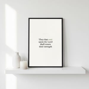 Scripture Wall Art Set of 6 Minimalist Bible Verse Prints Modern Christian Home  — close-up detail of typography and paper texture. This modern minimalist christian scripture wall art print features beautiful serif typography on warm cream background. digital download printable for home office bedroom living room gallery wall decor. Perfect christian gift idea from TheFramedVerse on Etsy.