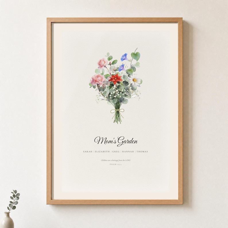 Close framed hero view of a personalized Christian birth flower bouquet with soft watercolor blooms for each family member. Names and a custom title sit beneath the flowers beside the verse Children are a heritage from the LORD, Psalm 127:3. Clean glass and a natural wood frame reveal the botanical detail and readable Scripture on the finished family print.