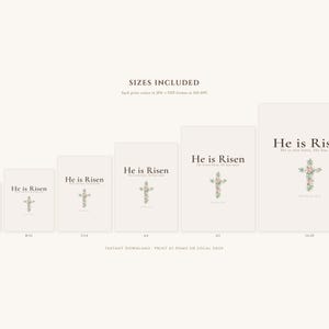 He is Risen Easter Wall Art, Floral Cross Scripture Print, — "He is not here; He has risen, just as He said", in beautiful floral cross composed of spring roses, greenery and wildflowers, showcased in an elegant contemporary home interior with curated decor elements, demonstrating how this Christian art piece elevates any living space