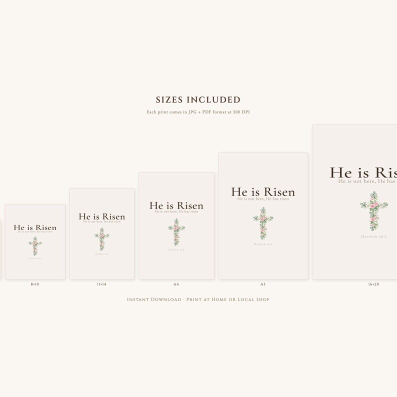 He is Risen Easter Wall Art, Floral Cross Scripture Print, — "He is not here; He has risen, just as He said", in beautiful floral cross composed of spring roses, greenery and wildflowers, showcased in an elegant contemporary home interior with curated decor elements, demonstrating how this Christian art piece elevates any living space