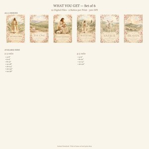 Size guide for Good Shepherd Watercolor Set of 6 — each print available in 2:3 ratio (4x6 to 24x36 inches) and 4:5 ratio (4x5, 8x10, 11x14, 16x20). 12 high-resolution JPG files at 300 DPI in 3 ZIP files. Christian wall art digital download set for instant access.