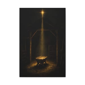 Dark vintage oil painting on canvas showing the Star of Bethlehem shining above an empty wooden manger inside a rustic stable. A warm golden beam falls across rough timber, straw, and the humble crib, creating a reverent nighttime scene. Matthew 2:2 nativity wall art in deep brown and gold tones, printed on stretched canvas and ready to hang.