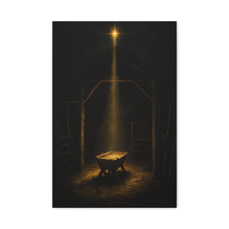 Dark vintage oil painting on canvas showing the Star of Bethlehem shining above an empty wooden manger inside a rustic stable. A warm golden beam falls across rough timber, straw, and the humble crib, creating a reverent nighttime scene. Matthew 2:2 nativity wall art in deep brown and gold tones, printed on stretched canvas and ready to hang.