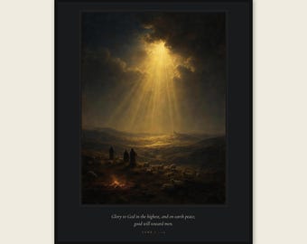 Gloria a Dios en las alturas: Lucas 2:14. Lámina del campo de los pastores, arte bíblico vintage de ángeles y pastores, decoración de paz en la tierra.