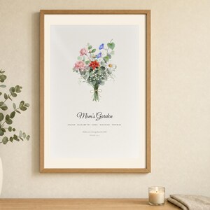 Lifestyle mockup of a Christian personalized birth flower family bouquet in a light wood frame above a neutral console. Watercolor flowers represent individual birth months, with names, a custom title and Psalm 127:3 below. The styled room presents the botanical design as a meaningful Christmas gift for mom or grandma, Mother's Day present or faith centered family keepsake.