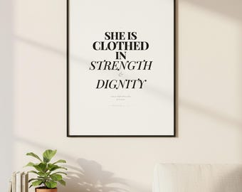 Proverbs 31:25 Wall Art She is Clothed in Strength and Dignity Scripture Print, Christian Mom Gift Bible