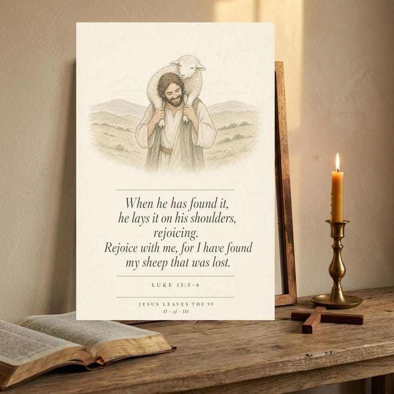 Jesus Leaves the 99 modern minimalist scripture print in rustic walnut frame leaning on a weathered oak console shelf, beside an open leather-bound Bible open to Luke 15, a lit beeswax taper candle, and a small brass cross, warm amber candlelight, editorial christian home decor still life, parable lost sheep digital download from TheFramedVerse