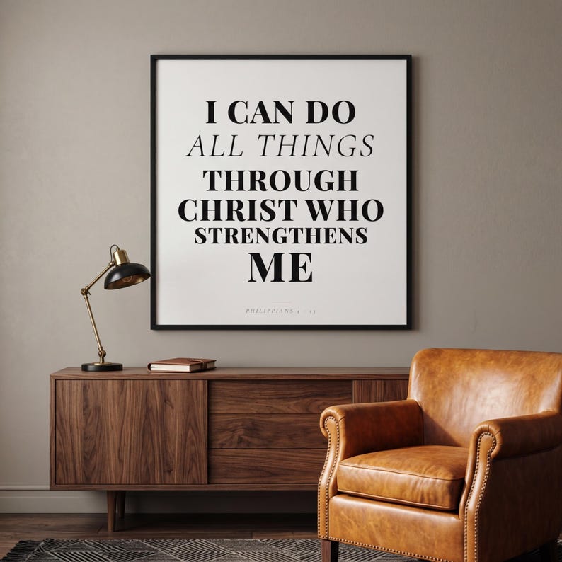 Christian Wall Art Bundle 25 Scripture Prints Bible Verse Printable Gallery Wall Set, in curated gallery wall collection of coordinated Christian scripture prints in matching aesthetic, styled on a wooden floating shelf next to a ceramic vase with dried eucalyptus, creating a warm and inviting Christian home decor vignette