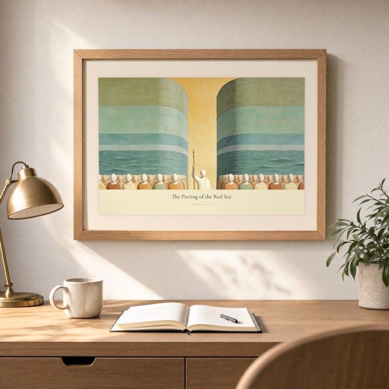Desk mockup of The Parting of the Red Sea in a light oak frame above a wooden workspace with a brass lamp, ceramic mug, open notebook, pen, and leafy plant. The artwork shows Moses on the centre axis between two towering walls of water while the people cross the dry seabed. Angled sunlight, neutral styling, and cream matting place the Bible story print in a quiet study or home office setting.
