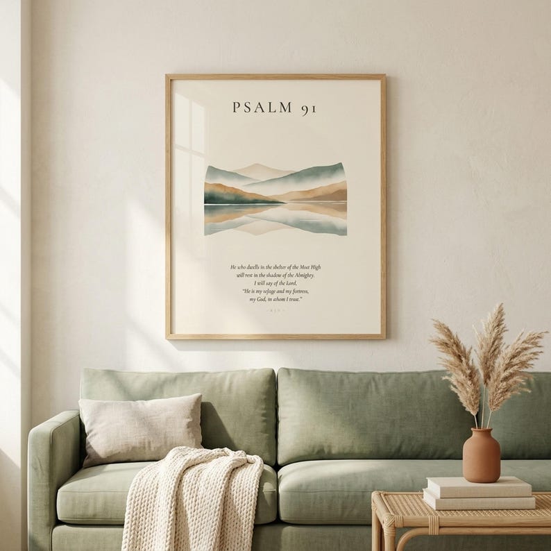 Custom scripture print framed in light oak hardwood, hung above a sage green linen sofa in a sunlit cottage living room with cream knit throw, terracotta vase with dried pampas grass, and stack of cream coffee-table books on a rattan side table, soft natural daylight, modern minimalist Christian wall art digital download from TheFramedVerse on Etsy