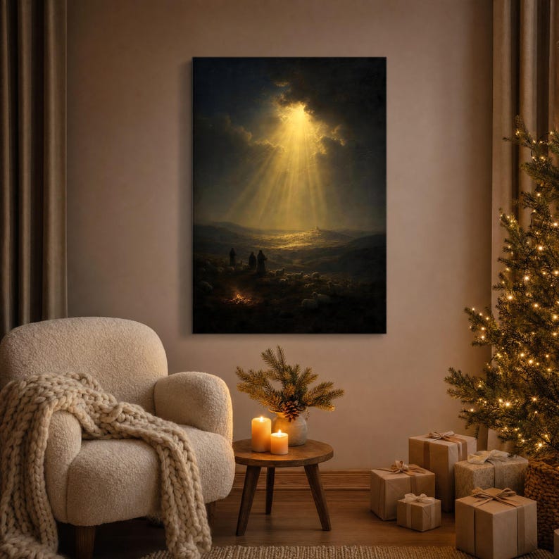 Styled Christmas living room preview: Dark vintage oil painting on canvas showing shepherds and their flock gathered beside a glowing campfire at night. Heavenly beams of light break through dramatic clouds above distant Bethlehem, illuminating the hills and creating a peaceful, reverent Christmas scene. Luke 2:14 wall art in deep blue, brown, and gold tones, printed on stret