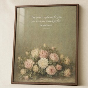 Grace Is Sufficient 2 Corinthians 12:9 vintage oil painting print in solid walnut frame, frontal studio shot on cream backdrop with soft top-left key light, glass reflection visible, e-commerce hero photograph, antique floral Christian wall art, romantic Victorian still life painting reproduction by TheFramedVerse