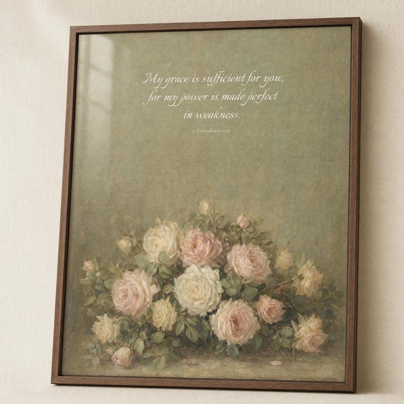 Grace Is Sufficient 2 Corinthians 12:9 vintage oil painting print in solid walnut frame, frontal studio shot on cream backdrop with soft top-left key light, glass reflection visible, e-commerce hero photograph, antique floral Christian wall art, romantic Victorian still life painting reproduction by TheFramedVerse