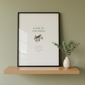Look at the Birds Matthew 6 26 Wall Art Scripture Print displayed in oak floating shelf with eucalyptus branch, sage green christian aesthetic decor, sermon on the mount botanical bible verse poster, vintage minimalist printable wall art