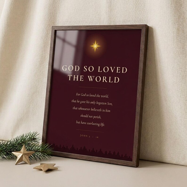 John 3:16 God So Loved the World framed wall art, walnut frame, deep burgundy cream gold typography, scripture christmas decor - TheFramedVerse