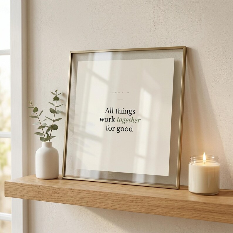 Romans 8:28 Wall Art All Things Work Together for Good Minimalist Scripture Prin — shelf mockup leaning on wood shelf with decorative items. This modern minimalist christian scripture wall art print features beautiful serif typography on warm cream background. Romans 8:28 bible verse digital download printable for home office bedroom living room gallery wall decor. Perfect christian gift idea f...