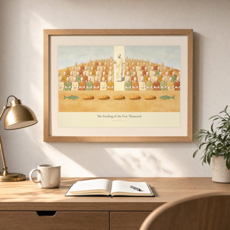Desk mockup of The Feeding of the Five Thousand in a light oak frame above a wooden workspace with a brass lamp, ceramic mug, open notebook, pen, and leafy plant. The artwork shows Christ raised on the centre axis above a seated hillside crowd, with loaves and fish laid out along the foreground. Angled sunlight, neutral styling, and cream matting place the Bible story print in a quiet study or home office setting.