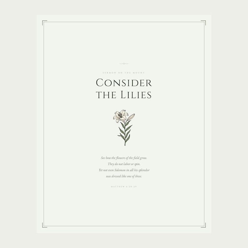 Consider the Lilies Matthew 6 28-29 Scripture Print design detail flat lay, sermon on the mount botanical lily illustration, christian wall art aesthetic floral scripture sage green