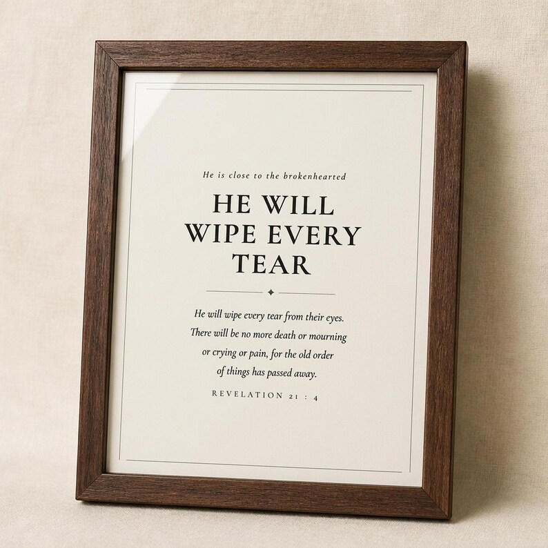 What you get overview showing the design and its four high resolution printable ratios for flexible frame sizes. The He Will Wipe Every Tear artwork presents Revelation 21:4 in minimalist black typography on warm beige. This Revelation 21:4 print suits a sympathy gift, memorial space, prayer room, bedroom, or comforting Christian home as printable digital wall art.