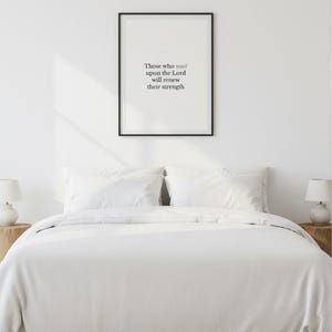 Isaiah 40:31 Wall Art Those Who Wait Upon the Lord Minimalist Scripture Print Bi — front facing framed mockup on clean white wall with shadow. This modern minimalist christian scripture wall art print features beautiful serif typography on warm cream background. Isaiah 40:31 bible verse digital download printable for home office bedroom living room gallery wall decor. Perfect christian gift ide...