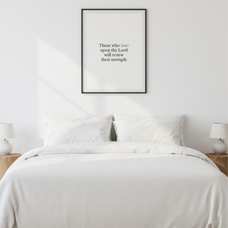 Isaiah 40:31 Wall Art Those Who Wait Upon the Lord Minimalist Scripture Print Bi — front facing framed mockup on clean white wall with shadow. This modern minimalist christian scripture wall art print features beautiful serif typography on warm cream background. Isaiah 40:31 bible verse digital download printable for home office bedroom living room gallery wall decor. Perfect christian gift ide...