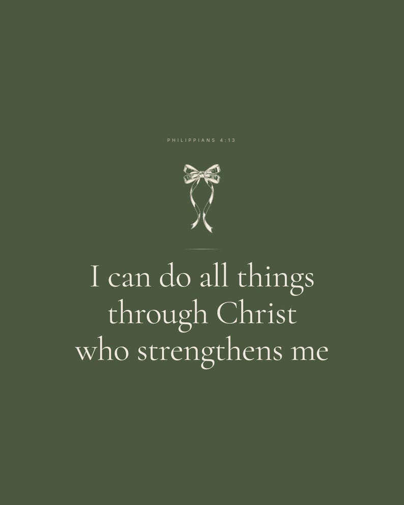 I Can Do All Things Philippians 4 13 Wall Art Sage Coquette Christian Print Dark — hero framed product shot with glass reflection and premium frame. This sage green, coquette bow christian scripture wall art print features beautiful serif typography on warm cream background. Philippians 4 13 bible verse digital download printable for home office bedroom living room gallery wall decor. Perfect c...