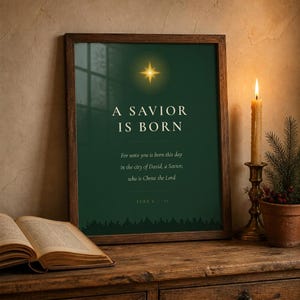 A Savior Is Born Scripture Print | Luke 2:11 Christmas Wall Art | Dark Green Minimalist Nativity Printable image 7