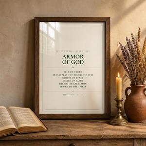 Armor of God Ephesians 6 scripture print bold minimalist christian wall art boys room confirmation baptism gift dark forest green typography on warm cream background, wooden shelf walnut frame open Bible dried botanical eucalyptus ceramic vase candle warm light, digital download printable wall art instant download