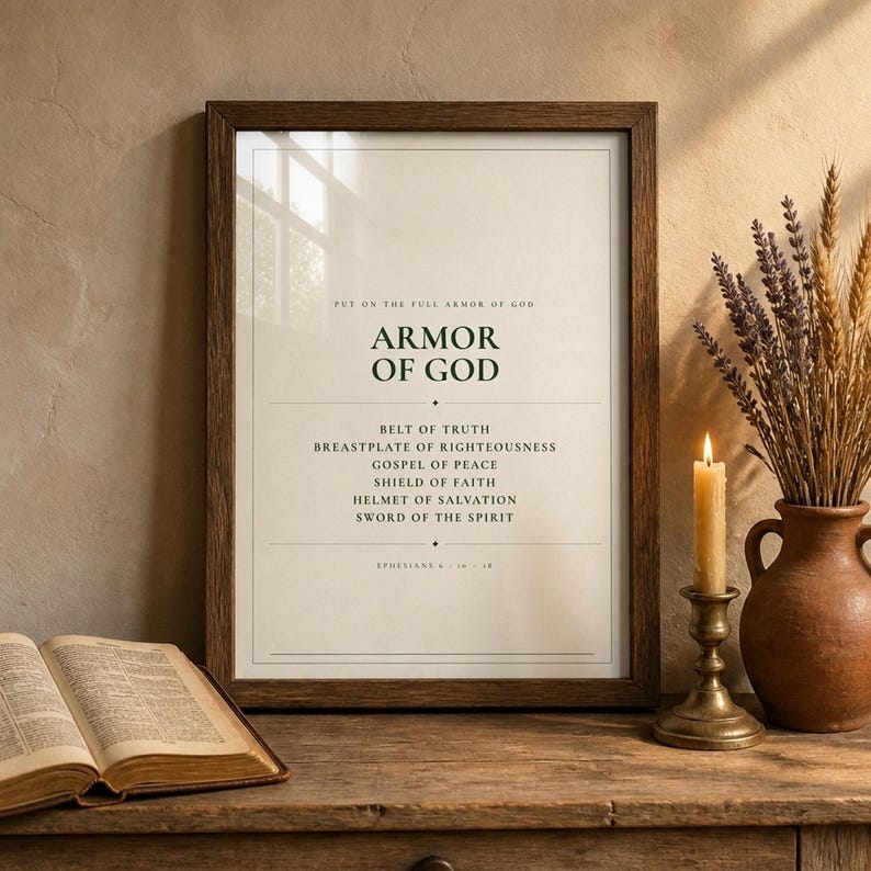 Armor of God Ephesians 6 scripture print bold minimalist christian wall art boys room confirmation baptism gift dark forest green typography on warm cream background, wooden shelf walnut frame open Bible dried botanical eucalyptus ceramic vase candle warm light, digital download printable wall art instant download
