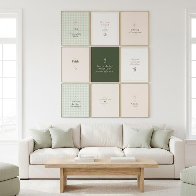 Coquette Christian Wall Art MEGA BUNDLE 27 Prints Bible Verse Scripture Gallery  — close-up detail of typography and paper texture. This sage green, coquette bow, navy blue, pink blush christian scripture wall art print features beautiful serif typography on warm cream background. digital download printable for home office bedroom living room gallery wall decor. Perfect christian gift idea from...