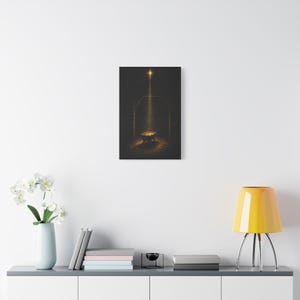 A warm golden beam crosses rough timber, straw, and a humble empty crib beneath the shining Star of Bethlehem. This dark vintage oil painting creates a reverent nighttime manger scene in a rustic stable. Matthew 2:2 nativity wall art in deep brown and gold, printed on stretched canvas. An angled product view shows the gallery wrapped edge clearly.